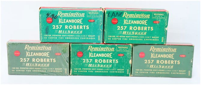 Six Boxes of Vintage Rem Kleanbore Hi-Speed .257 Roberts 100 Grain Soft Point Ammo 95 Rounds Total