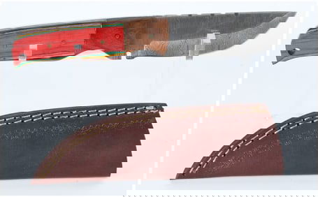 Custom Handmade Fixed-Blade Knife with Pattern-Welded Steel Blade Laminated Wood Handle and Leather