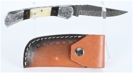 Decorative Damascus Steel Folding Knife with Fitted Leather Sheath
