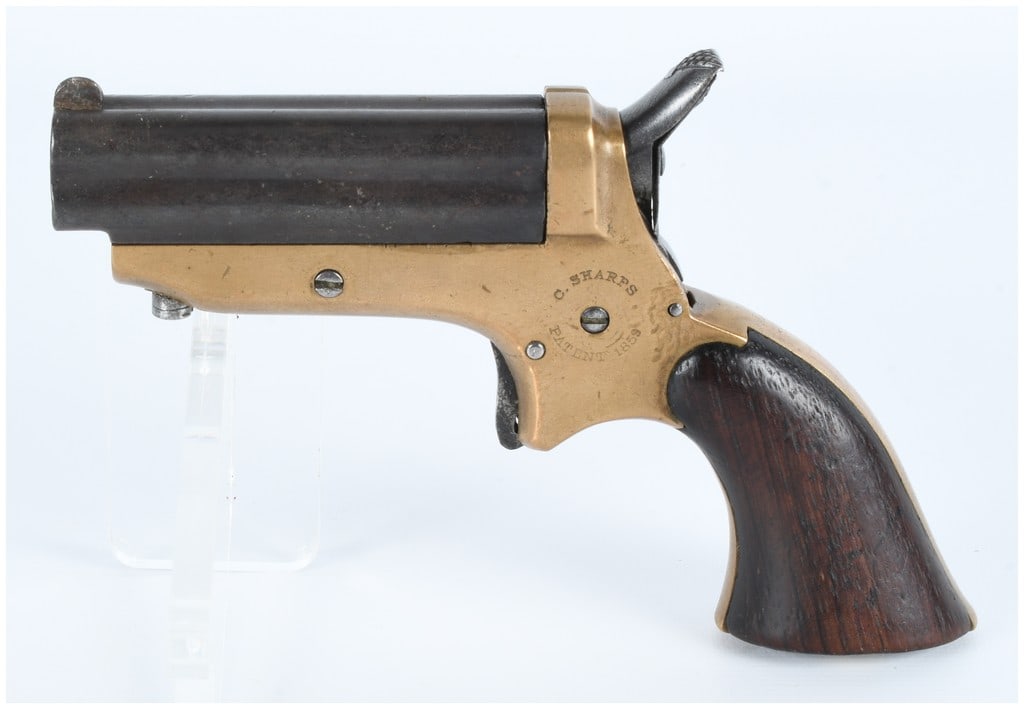 C. Sharps Model 1 Four-Barrel .22 Cal Pepperbox Derringer Pistol Patent 1859 Ammo: An antique C. Sharps Model 1 four-barrel .22 caliber pepperbox derringer pistol, manufactured by C. Sharps & Co. of Philadelphia, Pennsylvania, and bearing the patent date of 1859. The pistol features