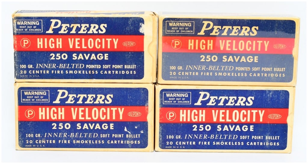 80 Rounds of Peters High Velocity 250 Savage 100 Gr. Inner-Belted Soft Point Ammo: This lot comprises 80 rounds of Peters High Velocity 250 Savage 100 Gr. Inner-Belted Soft Point Center Fire Smokeless Cartridges, presented in four vintage Peters brand ammunition boxes. The cardboard
