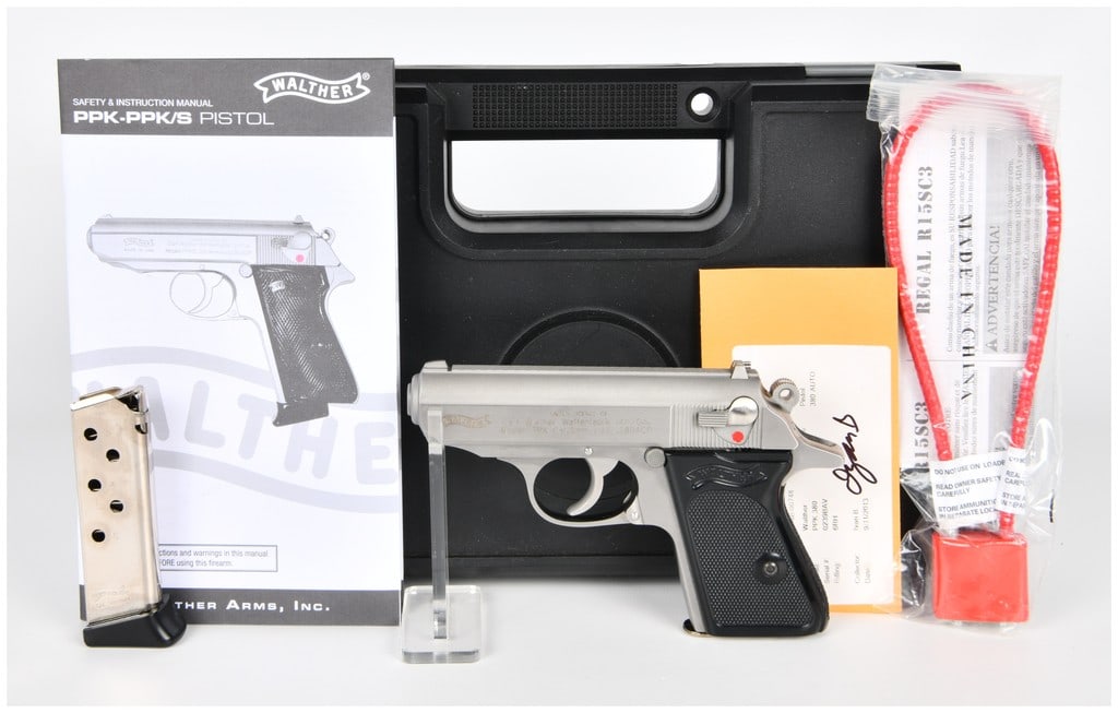 Walther PPK Stainless Steel Semi-Automatic Pistol with 2 Mags: A Walther PPK semi-automatic pistol, crafted from stainless steel with black checkered synthetic grip panels. The pistol features clear markings including "WALTHER," "SMITH & WESSON HOULTON, ME USA," 