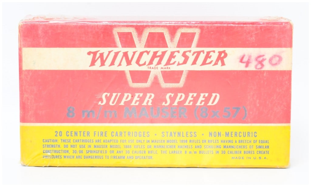 Vintage Win Super Speed 8 m/m Mauser (8x57) 200 Grain Soft Point Ammo 20 Rounds Factory Sealed Box: A vintage, factory-sealed cardboard box containing 20 Winchester "Super Speed" 8 m/m Mauser (8x57) 200 Grain Soft Point, Staynless, Non-Mercuric center fire cartridges. The packaging prominently displ