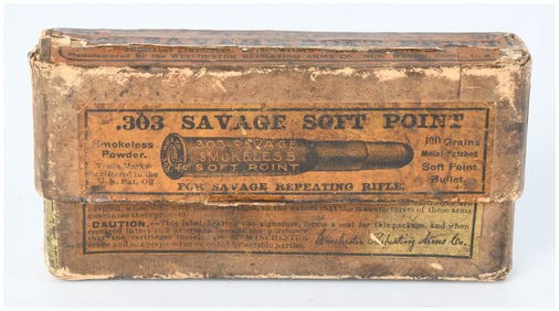 Vintage Win .303 Savage Soft Point Ammo Box with 15 Live Rounds