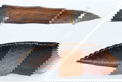 Contemporary Fixed-Blade Hunting Knife with Pattern-Welded (Damascus) Steel Blade and Leather Sheath
