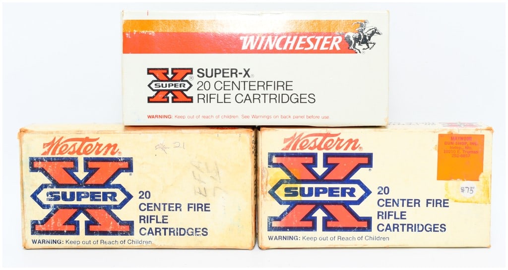 3 Boxes Win Western Super X .250 Savage Ammo: Three boxes of Winchester Western Super X .250 Savage centerfire rifle cartridges. Two boxes are branded "Western" and one "Winchester." Each box contains 20 cartridges. Two boxes contain "87 GR. POIN