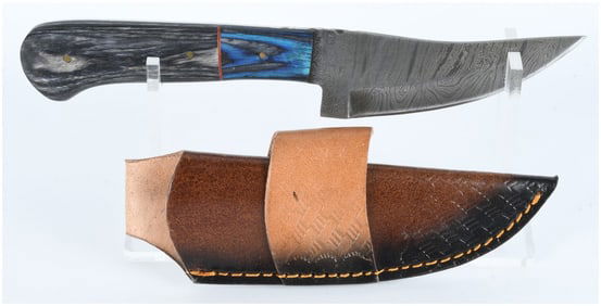 Modern Fixed-Blade Damascene Steel Knife with Composite Handle and Leather Sheath