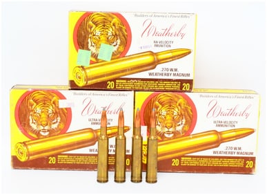 60 Rounds of Vintage Wby Ultra-Velocity .270 W.M. Mag Ammo in Tiger Boxes