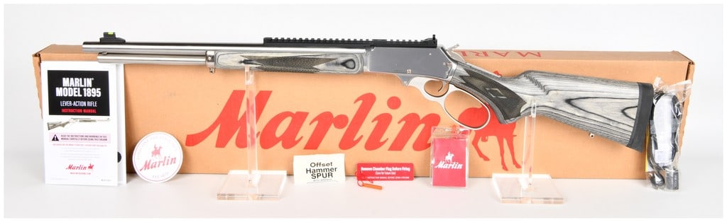 Marlin Model 1895 SBL .45-70 Govt Lever-Action Rifle Polished Stainless Steel: A Marlin Model 1895 SBL .45-70 Govt Lever-Action Rifle. This contemporary rifle features a polished stainless steel finish on the receiver, barrel, and lever. It is fitted with a distinctive gray lami