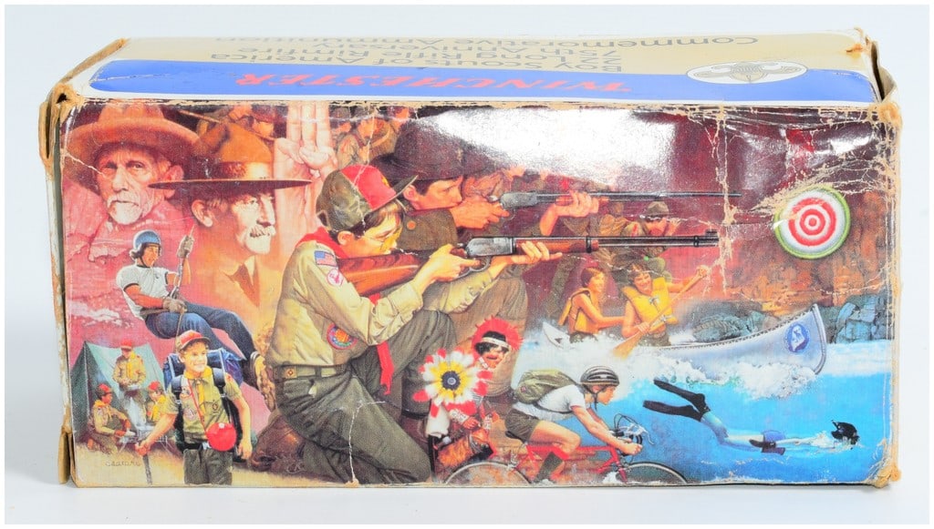 Win Boy Scouts of America 75th Anniversary Commemorative .22 Long Rifle Ammo 300 Rounds: A vintage Winchester Boy Scouts of America 75th Anniversary Commemorative Ammunition package. This lot comprises 300 rounds of .22 Long Rifle Rimfire ammunition. The ammunition was originally presente