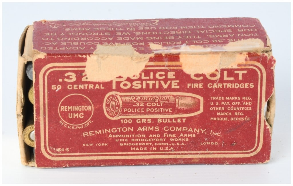 Vintage Rem UMC .32 Colt Police Positive Ammo Box with 46 Live Rounds: A vintage cardboard box of Remington UMC .32 Colt Police Positive Central Fire Cartridges. This box contains 46 live rounds. Manufactured by Remington Arms Company, Inc., under the Remington UMC brand