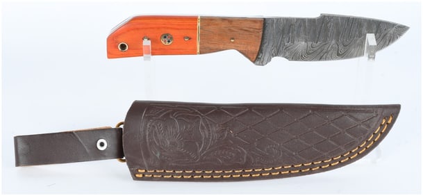 Contemporary Damascus Steel Full Tang Hunting Knife with Two-Tone Wood Handle and Leather Sheath