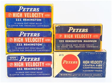 Vintage Peters High Velocity .222 Rem and .222 Rem Mag Ammo Boxes with Ammo