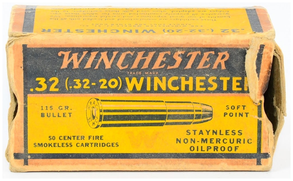 17 Rounds of Win .32 (.32-20) Cal Ammo with Original Box: A vintage Winchester .32 (.32-20) caliber ammunition lot, comprising 17 rounds and its original cardboard box. The box, predominantly orange and yellow with black text, displays significant wear, crea
