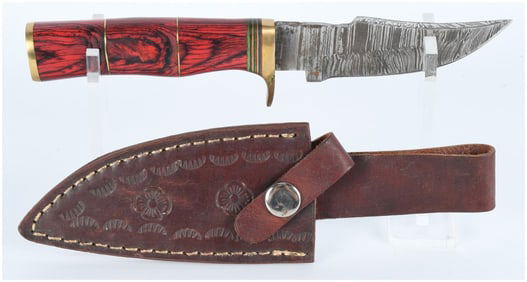 Fixed-Blade Knife with Pattern-Welded (Damascus) Steel Blade and Red-Stained Wood Handle with