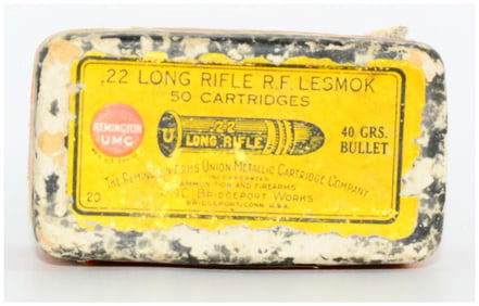 Vintage Collector Box of 50 Rounds Rem UMC .22 Long Rifle R.F. LESMOK Ammo
