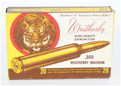 Vintage Wby .300 Wby Mag Ammo Box with Tiger Motif Containing 7 Live Rounds and 13 Empty Brass