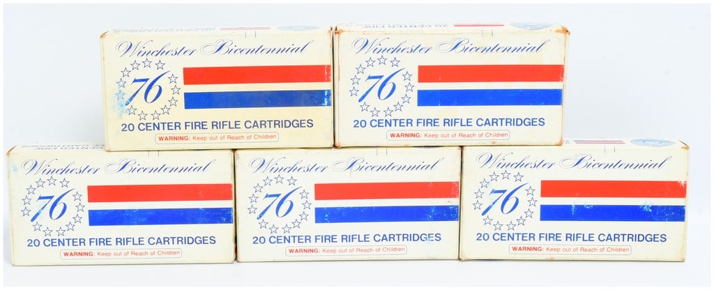 Lot of 100 Rounds Win Bicentennial '76 30-30 Win 150gr Silvertip Commemorative Ammo: This lot comprises 100 rounds of Winchester Bicentennial '76 30-30 Win 150gr Silvertip commemorative center fire rifle cartridges, identified by the product code W763030. The ammunition is presented i