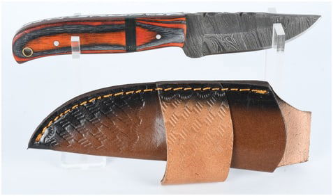Modern Custom Fixed-Blade Hunting Knife with Damascus Steel Blade and Laminated Wood Handle
