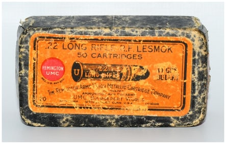 50 Round Collector Box of Vintage Rem UMC .22 Long Rifle Lesmok Ammo