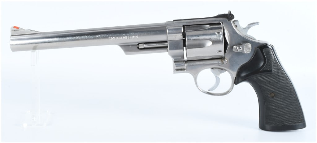Smith & Wesson Model 629-1 .44 Mag Stainless Steel Revolver with 8 3/8" Barrel: A modern Smith & Wesson Model 629-1 .44 Magnum stainless steel revolver, featuring an 8 3/8" barrel. The left side of the barrel is marked "SMITH & WESSON", while the right side is marked "44 MAGNUM".