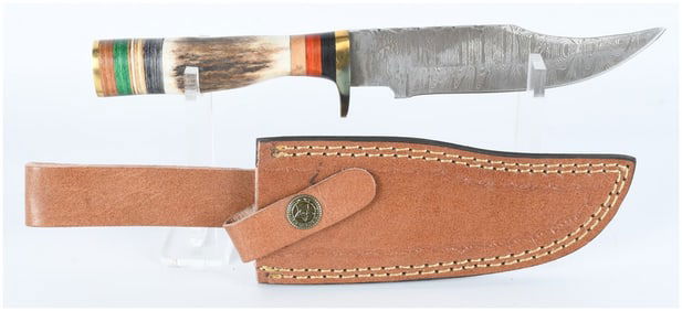 Damascus Steel Fixed-Blade Hunting Knife with Antler Handle and Leather Sheath