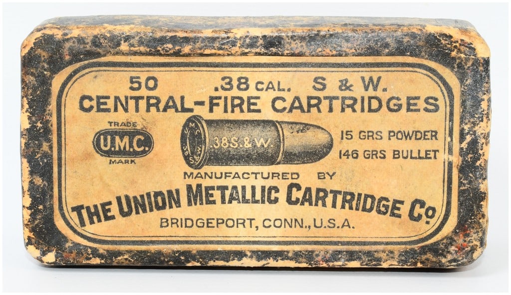 Vintage Union Metallic Ammo Co. .38 S&W Central-Fire Ammo 50 Rounds: A vintage box of 50 .38 S&W Central-Fire Cartridges by The Union Metallic Cartridge Co. The cardboard box features a main paper label specifying "50 .38 CAL. S & W. CENTRAL-FIRE CARTRIDGES," manufactu
