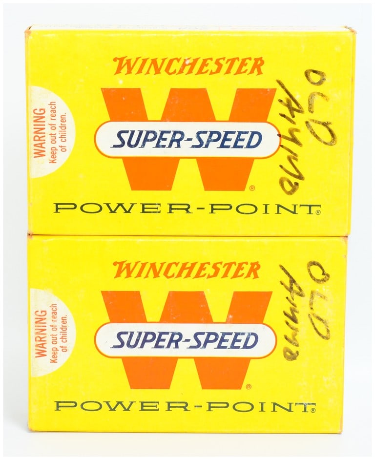 Pair of Vintage Win Super-Speed Power-Point .264 Win Mag Ammo Boxes 40 Rounds: A pair of vintage yellow cardboard Winchester Super-Speed Power-Point .264 Winchester Magnum ammunition boxes, containing a total of 40 rounds. Each box prominently features "WINCHESTER," a large "W" 