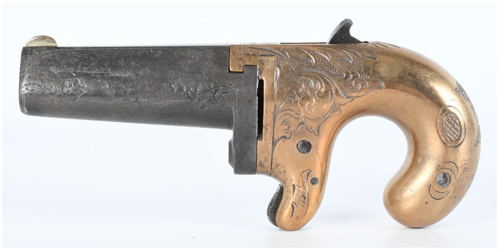Moore's Patent No. 1 Derringer .41 Rimfire W.W. Marston & Co. Patented 1863: A Moore's Patent No. 1 Derringer, chambered in .41 Rimfire, manufactured by W.W. Marston & Co. and patented May 26, 1863. This antique single-shot pistol features a distinctive curved bird's head grip