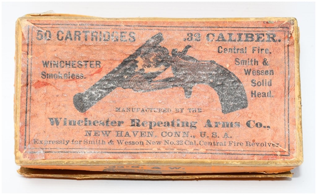 Vintage Win .32 Smith & Wesson Solid Head Central Fire Ammo 50 Rounds in Original Box: A vintage box of Winchester .32 Smith & Wesson Solid Head Central Fire cartridges, containing 50 rounds. The cardboard box, manufactured by the Winchester Repeating Arms Co., New Haven, Conn., U. S. A