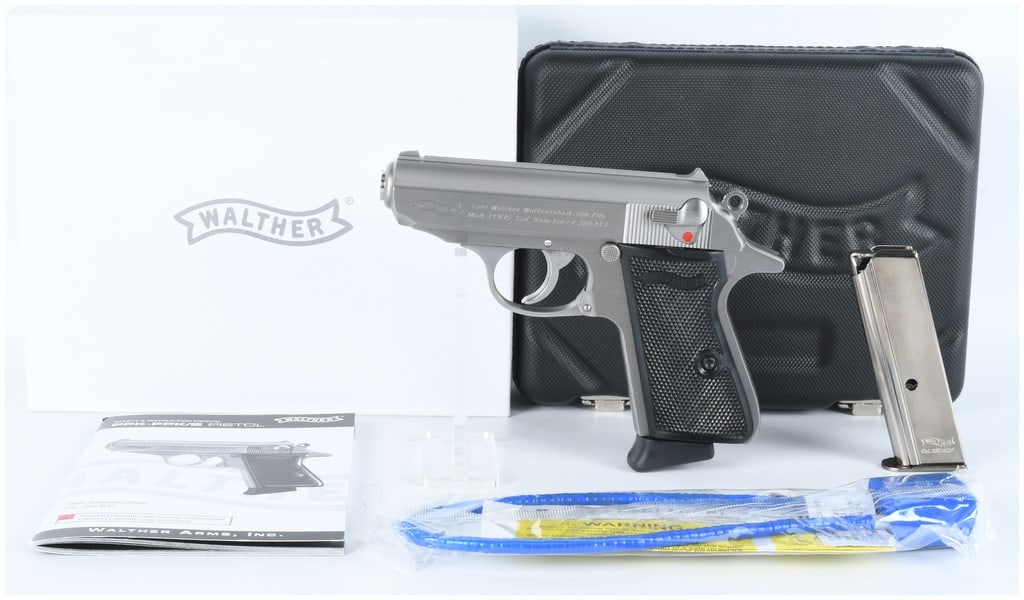 Walther PPK/S .380 ACP Semi-Automatic Pistol Modern Production: A Walther PPK/S .380 ACP semi-automatic pistol, finished in brushed stainless steel with black checkered polymer grips. The slide is marked "Carl Walther Waffenfabrik.Ulm/Do." and "WALTHER ARMS, INC.