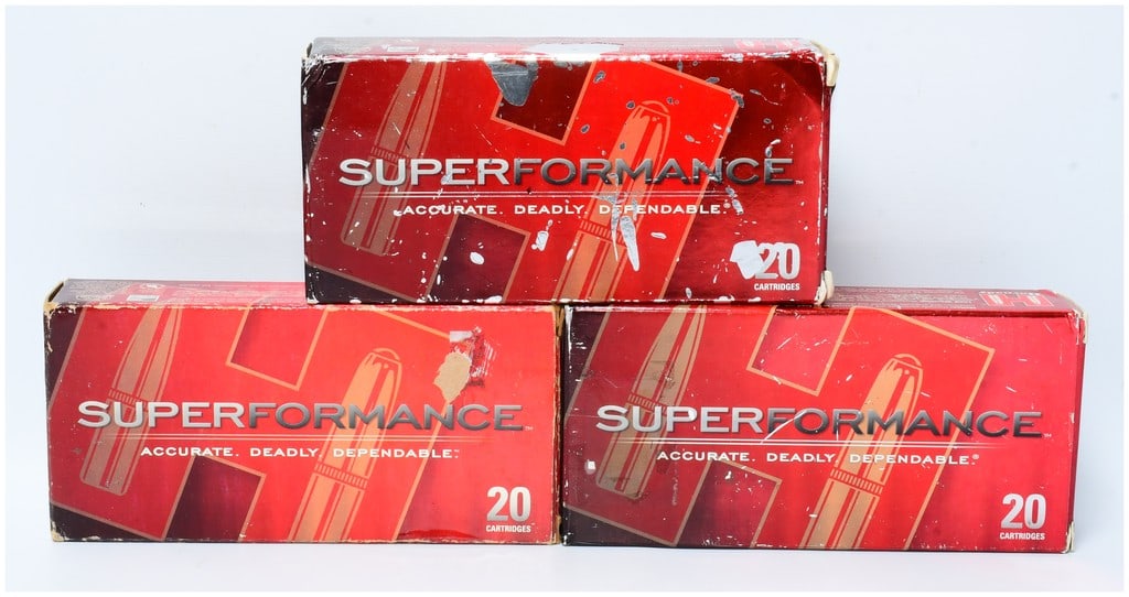 Hornady Superformance .338 RCM Ammo 60 Rounds: A group of Hornady Superformance .338 RCM ammunition, comprising three boxes, totaling 60 rounds. The lot includes one box of .338 RCM 185 gr GMX (item #82238) and two boxes of .338 RCM 200 gr SST (it