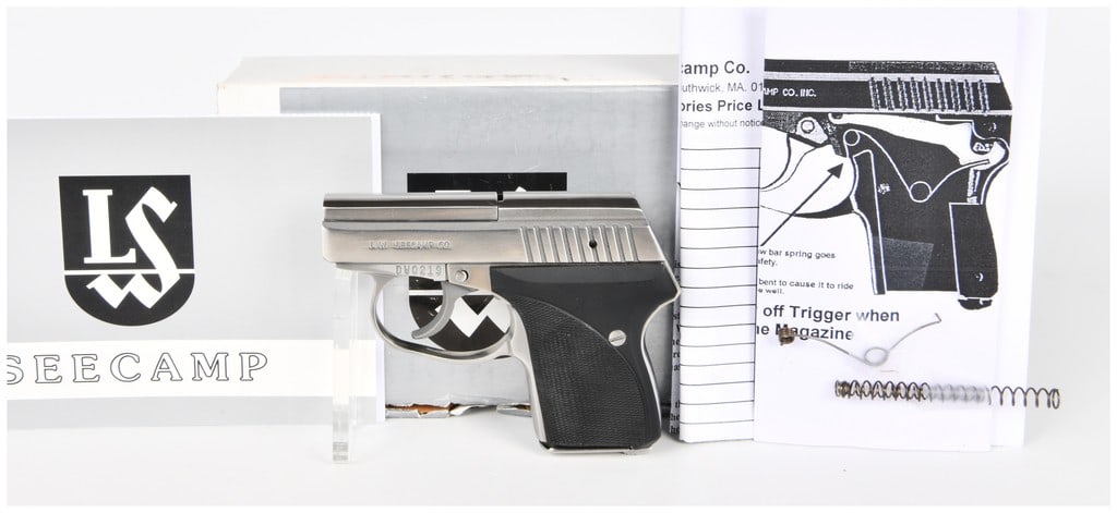 L.W. Seecamp Co. LWS 380 .380 ACP Pocket Pistol: A L.W. Seecamp Co. LWS 380 .380 ACP Pocket Pistol, predominantly constructed from stainless steel with black checkered polymer grip panels. The pistol is clearly marked "L.W. SEECAMP CO." and bears th