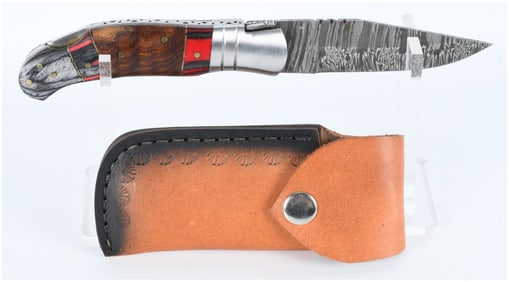 Laguiole Style Folding Knife with Damascus Steel Blade and Wood Handle