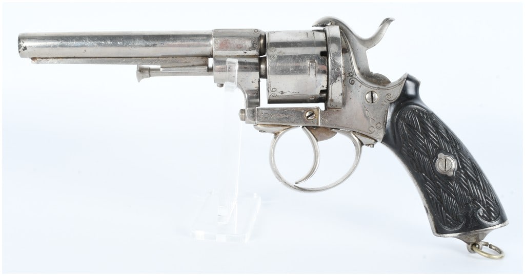 Antique Engraved Pinfire Revolver with 'EL' Monogram Grips: This is an antique open-frame pinfire revolver, consistent with mid-to-late 19th-century European (Lefaucheux-type) design. It is constructed primarily of metal, with the frame and trigger guard featu