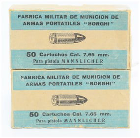 2 Boxes Fabrica Militar 'Borghi' 7.65mm Mannlicher Pistol Ammo 100 Rounds Total