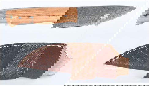 Contemporary Damascus Steel Drop-Point Fixed-Blade Knife with Leather Sheath