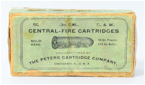Vintage Box of 50 Peters Ammo Company .38 S. & W. Central-Fire 'Solid Head' Ammo