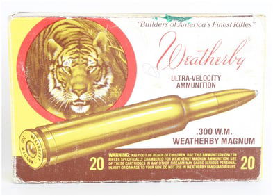 Vintage Wby .300 W.M. Mag 'Tiger' Ammo Box with 20 Empty Brass Casings