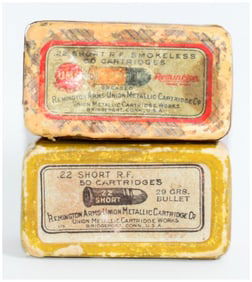 2 Vintage Rem UMC .22 Short R.F. Ammo Collector Boxes containing 74 Rounds