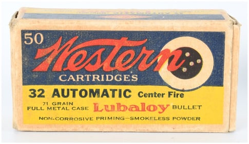50 Live Rounds of Vintage Western .32 Automatic (ACP) 71 Grain Lubaloy Ammo in Original Box