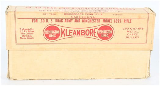 Vintage Rem-UMC Kleanbore 30-40 Krag Ammo Box with 20 Empty Brass