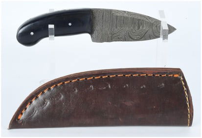 Fixed-Blade Damascus Steel Knife with Leather Sheath