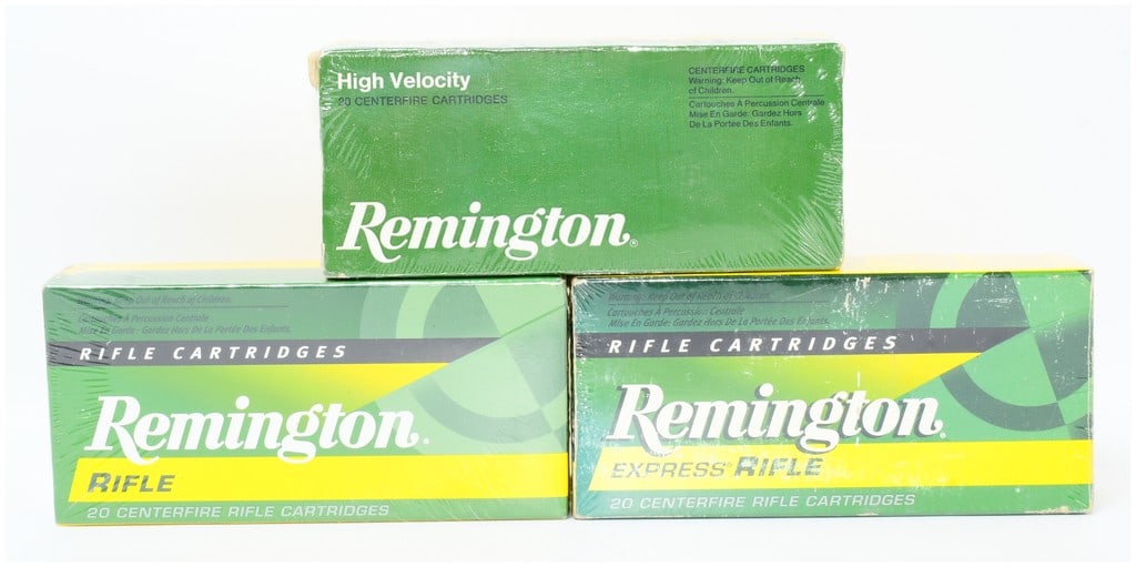3 Sealed Boxes of Rem .222 Rem 50 GR. PSP Centerfire Rifle Ammo SKU R222R1: Three sealed boxes of modern Remington .222 REMINGTON centerfire rifle ammunition. Each cardboard box is protected by shrink-wrap and marked "Remington", "20 CENTERFIRE CARTRIDGES", and specifies 50 G