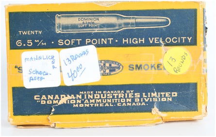 13 Live Rounds of Vintage Dominion 6.5 M/M Soft Point High Velocity Ammo for Mannlicher-Schönauer