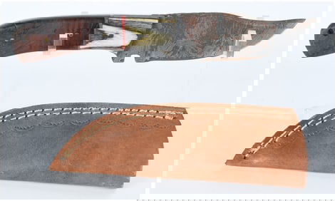 Custom Damascus Steel Fixed-Blade Hunting Knife with Wood and Bone Handle and Leather Sheath