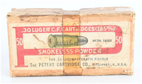 Vintage Box of Peters Ammo Co. .30 Luger Ammo with 33 Live Rounds