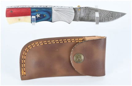 Custom Handmade Damascus Folding Pocket Knife with Texas Flag Motif Handle and Leather Sheath