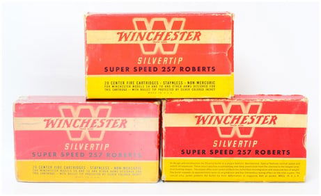 3 Vintage Win Super Speed Silvertip .257 Roberts Ammo Boxes with 57 Rounds
