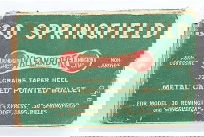 Vintage Rem Kleanbore .30 Springfield Ammo Box with 13 Live Rounds and 2 Brass Casings